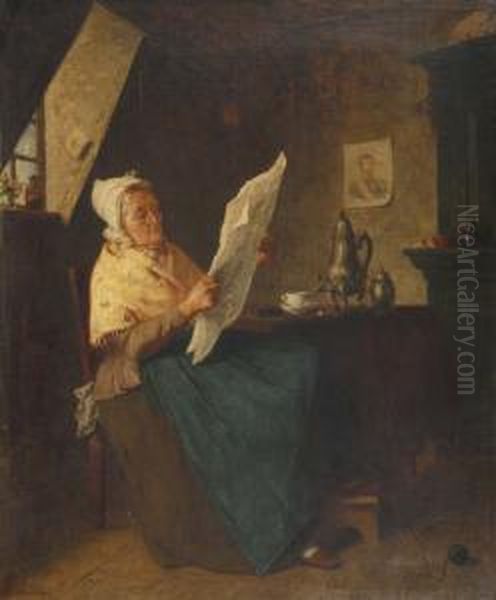 Some Interesting News Aninterior
 With Seated Lady Reading A Newspaper Beside A Table Withan Urn Of Tea, A
 Portrait Of An Officer On The Wall Beyond Oil Painting by August Jernberg