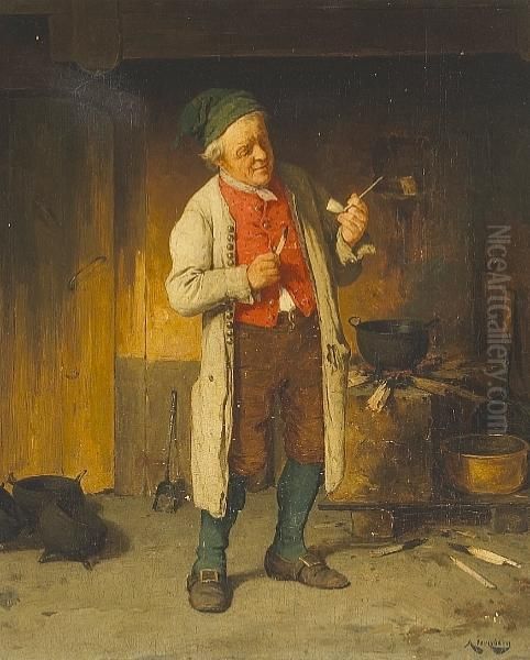 The Clean Pipe; The Mishap (a Pair) Oil Painting by August Jernberg