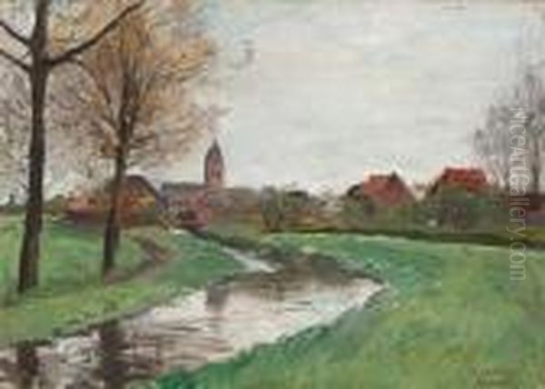 Fruhlingslandschaft Mit Bachlauf Und Dorf Oil Painting by August Jernberg