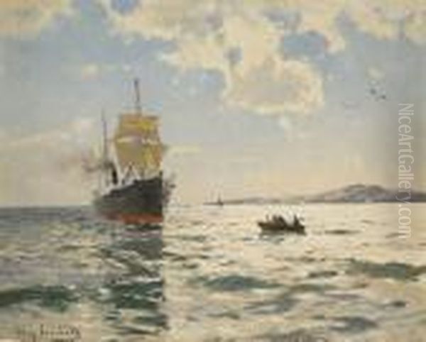 Marin Med Angfartyg Oil Painting by August Jernberg