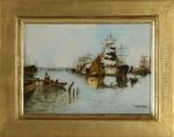 Hamnmotiv Oil Painting by August Jernberg