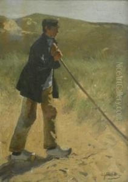 Fishermen In The Dunes. Signed Bottom Right: O. Jernberg Oil Painting by August Jernberg