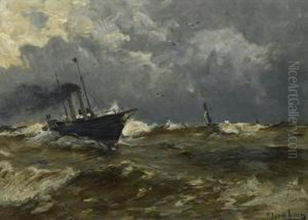 Steamboat And Sailors On The Stormy Sea Oil Painting by August Jernberg