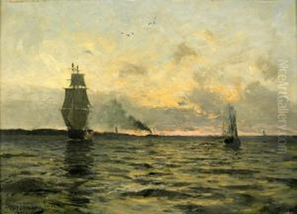 Segelfartyg I Aftonskymning Oil Painting by August Jernberg