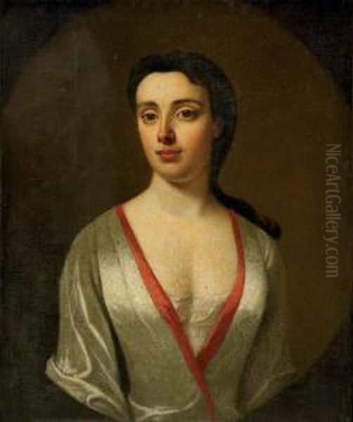 Portrait Of A Rebecca Rutter Of 
Moor Hall, Cheshire, In A White Silk Dress With A Red Trim, In A Feigned
 Oval Oil Painting by Charles Jervas