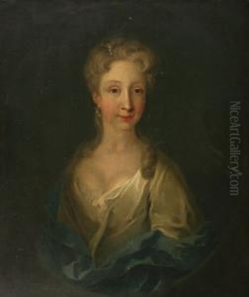 Wearing Pearls In Her Hair Dressed In Awhite Satin Dress With Blue Shawl Oil Painting by Charles Jervas