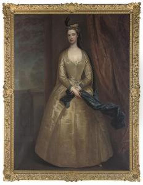 Portrait Of Lady Barbara North, 
Full-length, In An Oyster Satindress And A Blue Wrap, On A Terrace Oil Painting by Charles Jervas