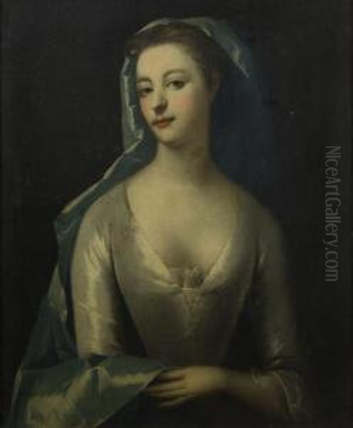 Portrait Of A Lady In A White Silk Dress And Blue Shawl Oil Painting by Charles Jervas