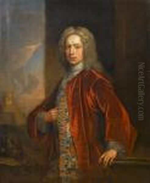 Portrait Of A Gentleman, 
Three-quarter-length, In A Red Velvet Coat And An Embroidered Waistcoat,
 A View To A Battle Beyond Oil Painting by Charles Jervas