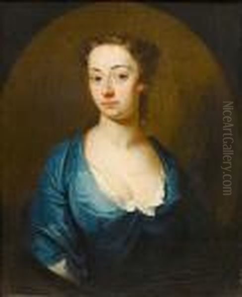 Portrait Of A Lady, Bust-length, In A Blue Dress With A White Chemise, In A Painted Oval Oil Painting by Charles Jervas