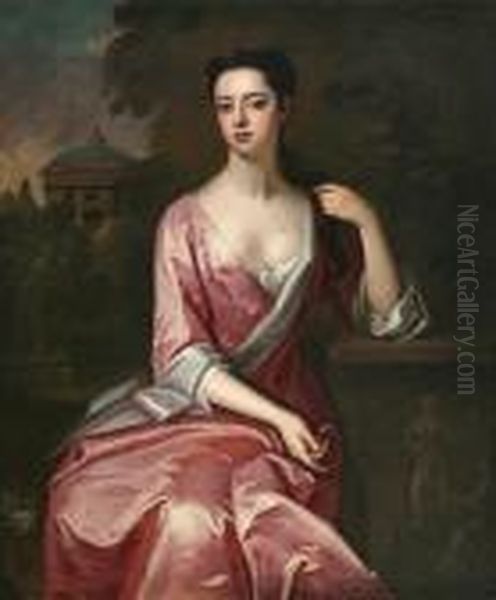 A Portrait Of A Lady, 
Three-quarter Length,wearing A Pink Satin Gown, Seated In A Landscape Oil Painting by Charles Jervas