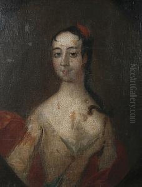 Portrait Of A Lady In A Yellow 
Dress, With A Red Shawl And A Red Feather On Her Hair Within A Painted 
Oval Oil Painting by Charles Jervas