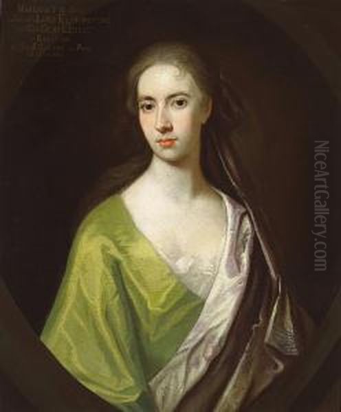 A Portrait Of Margaret Elphinstone, Half-length, In A Green Gown And Lavender Cape Oil Painting by Charles Jervas