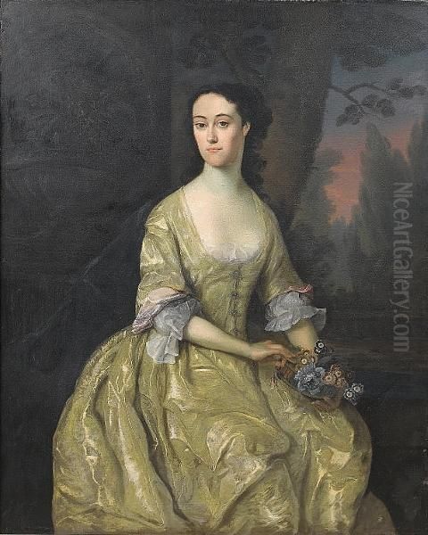 Portrait Of A Lady, 
Three-quarter-length, In A Yellow Silk Dress Holding A Basket Of Flowers Oil Painting by Charles Jervas