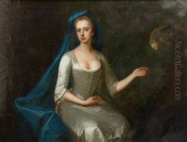 Mrs Gore, Seated Wearing Blue Train, Cream Silk Dress Beside A Parrot Oil Painting by Charles Jervas