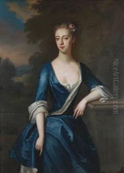 Portrait Of A Lady, Said To Be 
Elizabeth Patheriche, Standing Three-quarter-length, In A Blue And White
 Dress With Flowers In Her Hair Oil Painting by Charles Jervas