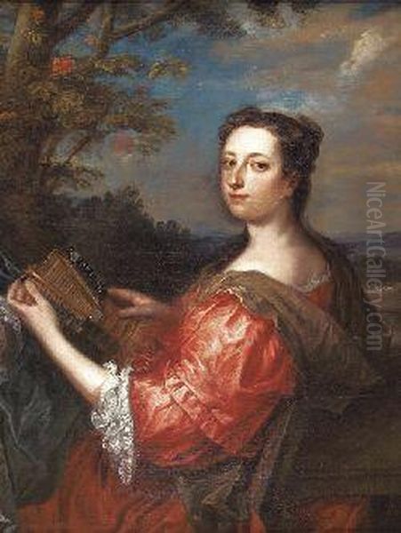 Half Length Portrait Of A Lady In A Red Dress Holding A Lute Oil Painting by Charles Jervas