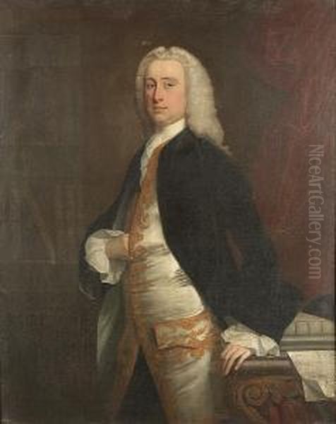 Portrait Of A Gentleman, 
Three-quarter-length, In A Dark Blue Coat, A White Silk Waistcoat With 
Gold Embroidery, Standing Before A Bookcase Oil Painting by Charles Jervas