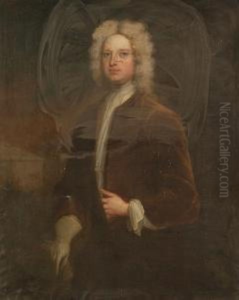 A Portrait Of Sir Edward Bacon, 
Standing Three-quarter Length, In Powdered Wig And Russet Coat, His 
Gloved Hand Holding A Stick Oil Painting by Charles Jervas