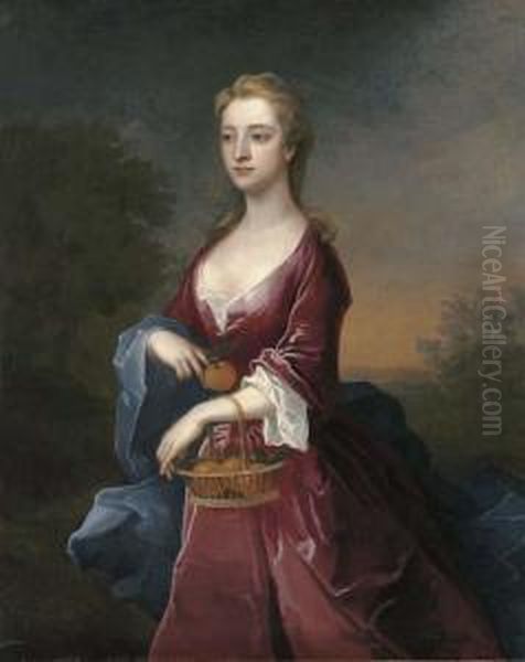 Portrait Of The Hon. Mary Digby,
 Three-quarter-length, In A Maroon Dress And Blue Wrap, Holding A Basket
 Of Oranges On Her Left Arm, An Orange In Her Right Hand Oil Painting by Charles Jervas