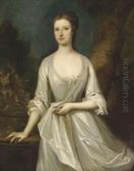 Portrait Of A Lady, Three-quarter-length, In A White Dress, A Fountain Beyond Oil Painting by Charles Jervas