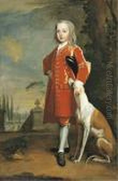 Portrait Of A Boy, Full-length, In A Red Coat, A Dog By His Side, In A Landscape Oil Painting by Charles Jervas