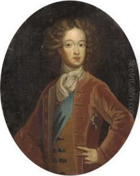 Portrait Of A Gentleman, 
Half-lenght, Wearing The Knight Of The Garter, In A Red Jacket And White
 Cravat Oil Painting by Charles Jervas