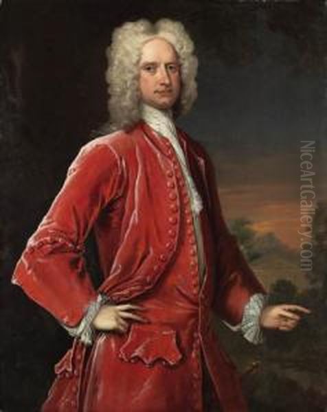 Portrait Of A Gentleman, 
Three-quarter-length, In Red Coat Andwaistcoat, With A Classical 
Landscape Beyond Oil Painting by Charles Jervas