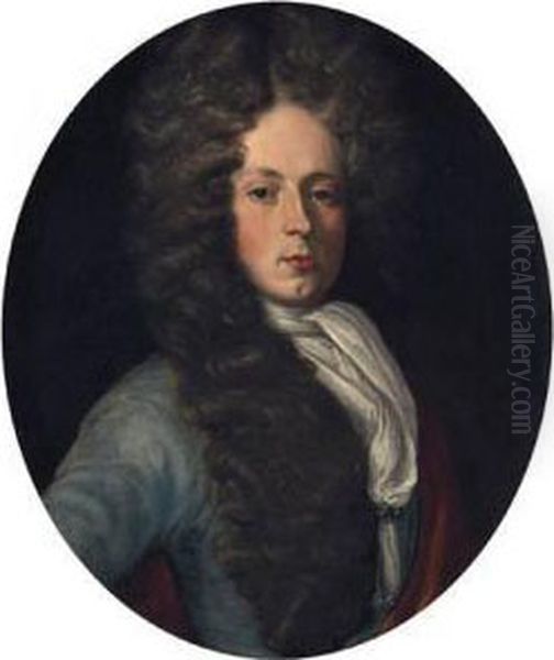 Portrait Of Anthony Wood, Half-length, In A Blue Coat And Whitestock Oil Painting by Charles Jervas