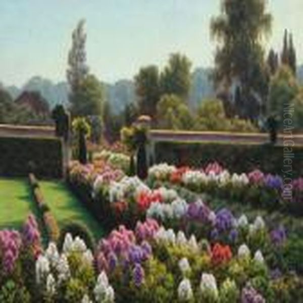 A Summer Landscape With Blossoming Peonies Oil Painting by Henrik Gamst Jespersen