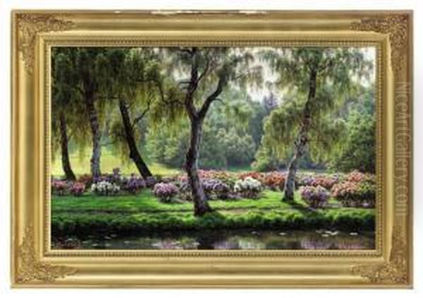 Hydrangeas Along A Riverbank Oil Painting by Henrik Gamst Jespersen