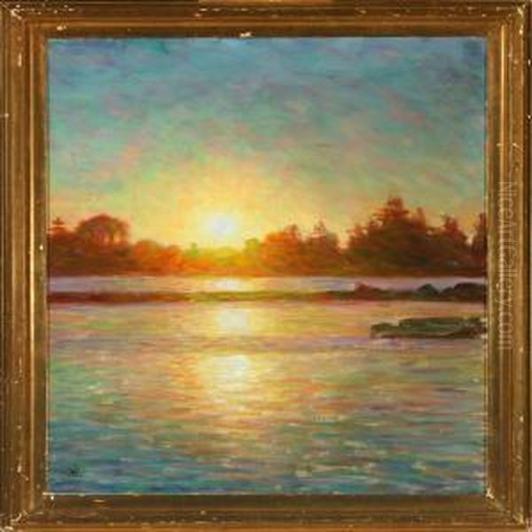 Sunset Over Lake Oil Painting by Henrik Gamst Jespersen