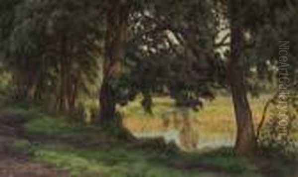 Solbelyst Insjolandskap Oil Painting by Henrik Gamst Jespersen