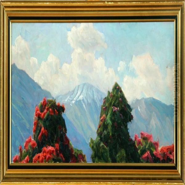 A Mountain Scenery With Rhododendron Oil Painting by Henrik Gamst Jespersen