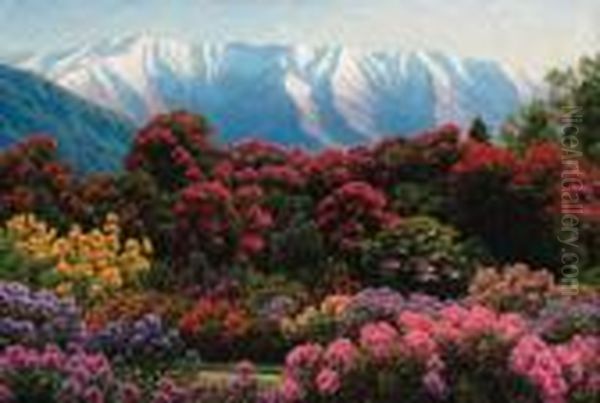 A Rhododendron Garden Near Lake Como Oil Painting by Henrik Gamst Jespersen