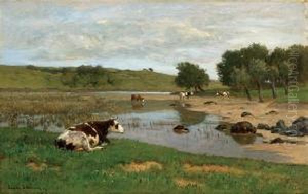 Cows Watering Oil Painting by Eugene Jettel