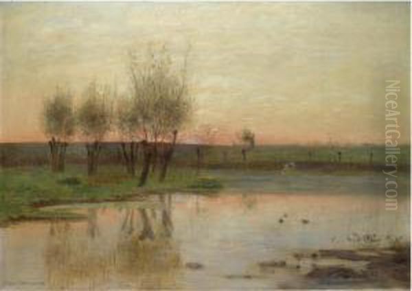 Stehendes Gewasser Mit Weiden (the Watermeadow) Oil Painting by Eugene Jettel