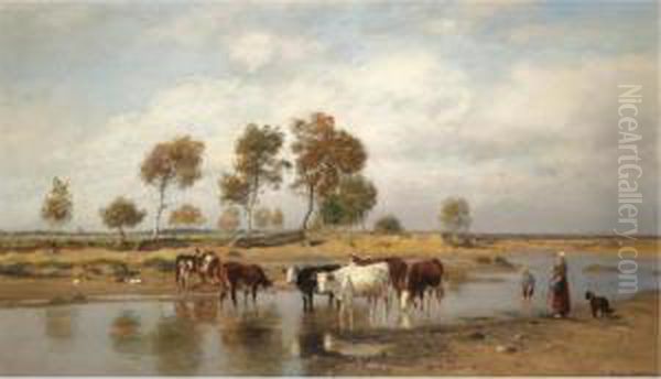 Kuhe An Der Tranke (cows At The Watering Place) Oil Painting by Eugene Jettel