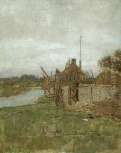 Dutch River Landscape With Fishnets Oil Painting by Eugene Jettel