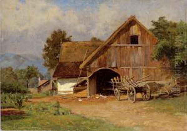 Attributed Farm Yard Oil Painting by Eugene Jettel