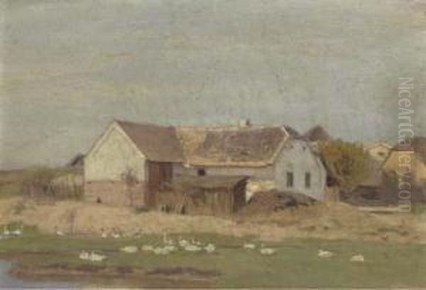 Geese Before A Farmstead Oil Painting by Eugene Jettel