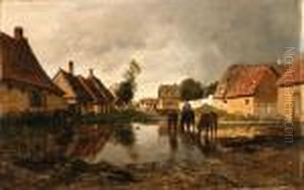 Horses Watering In A Country Village Oil Painting by Eugene Jettel