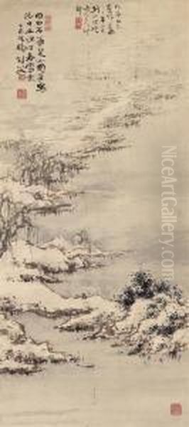 Fishing Boat In Snow Oil Painting by Gao Jianfu