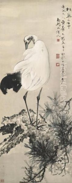 Pine And Longevity Stork Oil Painting by Gao Jianfu