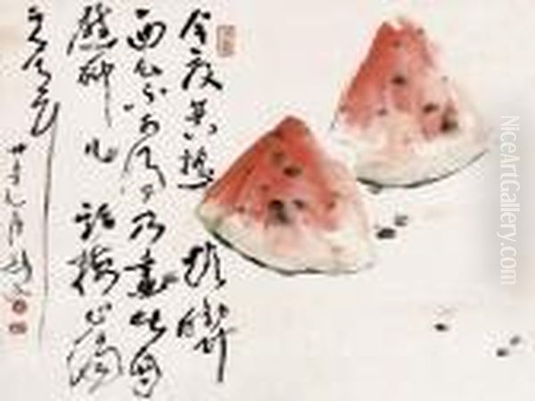 Watermelon Oil Painting by Gao Jianfu