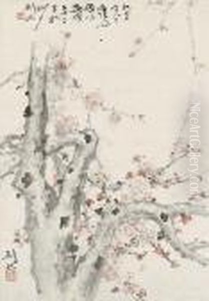 Prunus,calligraphy In Cursive Script Oil Painting by Gao Jianfu