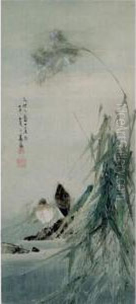 Birds By The Reed Oil Painting by Gao Jianfu