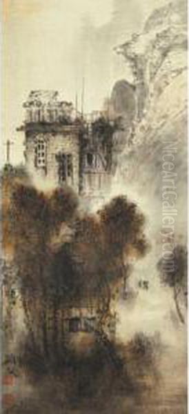 Building Sits In The Middle Of The Mountain Oil Painting by Gao Jianfu