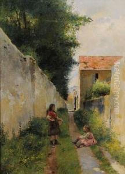 Deux Fillettes Dans Une Ruelle Oil Painting by Luis Jimenez Y Aranda