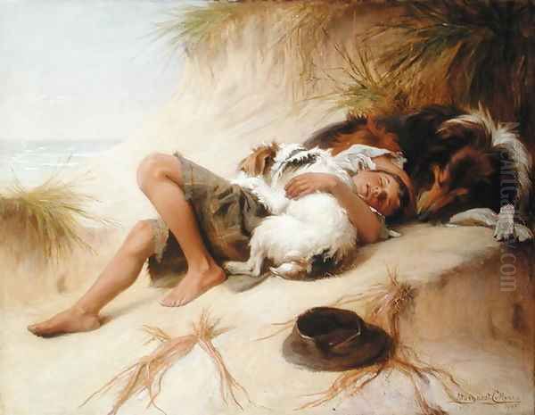 Young Boy Asleep with Dogs, 1905 Oil Painting by Margaret Collyer